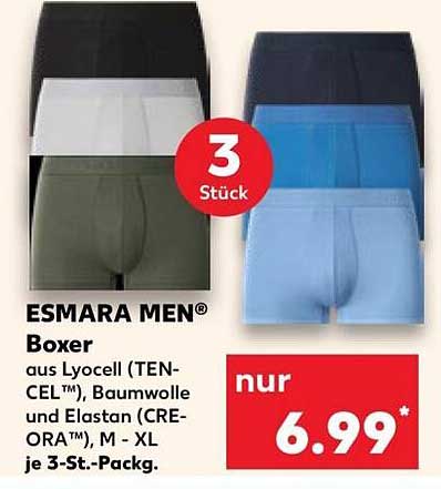 ESMARA MEN® Boxer aus Lyocell (TENCEL™), Baumwolle und Elastan (CREORA™), M - XL je 3-St.-Packg.