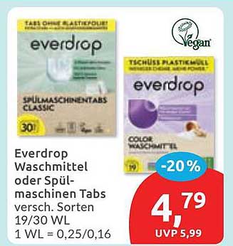 Everdrop Waschmittel oder Spülmaschinen Tabs versch. Sorten 19/30 WL 1 WL = 0,25/0,16