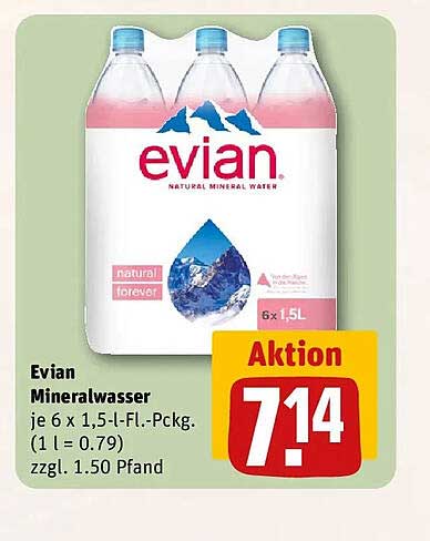 Evian Mineralwasser je 6 x 1,5-l-Fl.-Pckg. (1 l = 0.79) zzgl. 1.50 Pfand