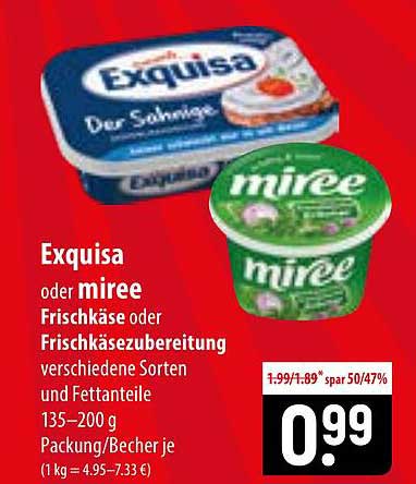 Exquisa oder miree Frischkäse oder Frischkäsezubereitung verschiedene Sorten und Fettanteile 135–200 g Packung/Becher je (1 kg = 4,95–7,33 €)