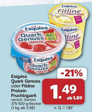 Exquisa Quark-Genuss oder Fitline Protein Fruchtquark versch. Sorten 375-500-g-Becher (1 kg ab 2.98)