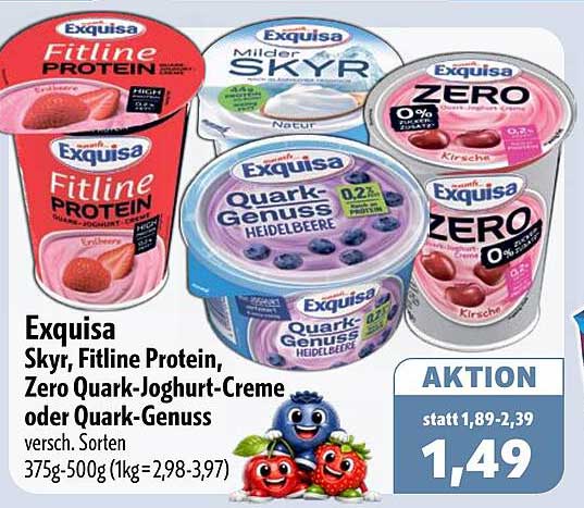 Exquisa Skyr, Fitline Protein, Zero Quark-Joghurt-Creme oder Quark-Genuss versch. Sorten 375g-500g (1kg=2,98-3,97)
