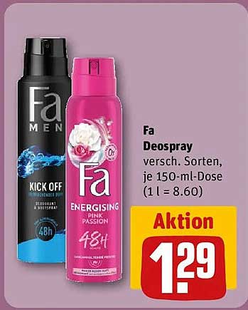 Fa Deospray versch. Sorten, je 150-ml-Dose (1 l = 8.60)