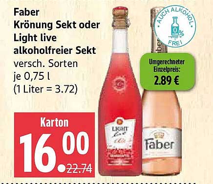 Faber Krönung Sekt oder Light live alkoholfreier Sekt versch. Sorten je 0,75 l (1 Liter = 3.72)