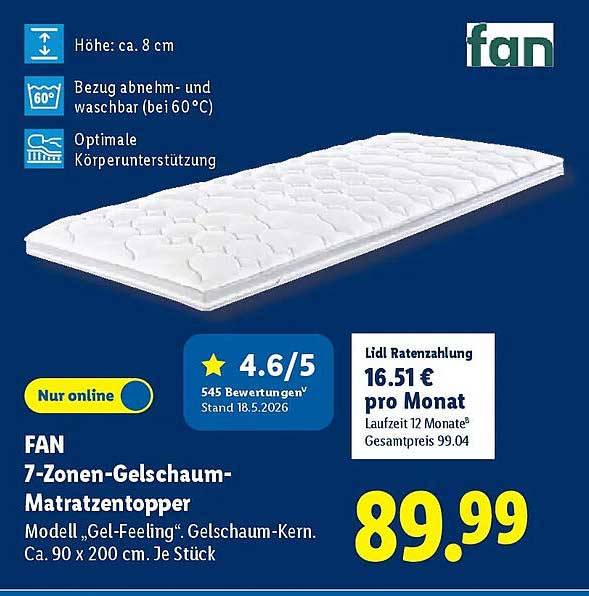 FAN 7-Zonen-Gelschaum-Matratzentopper