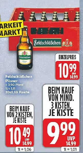 Feldschlößchen Pilsner + 3,90 Pfand 1 l = 1,11 30x0,33l Flasche