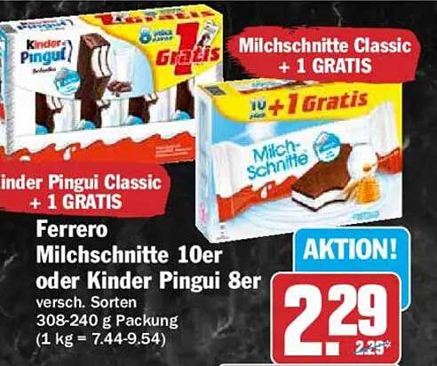 Ferrero Milch­schnitte 10er oder Kinder Pingui 8er + 1 GRATIS
