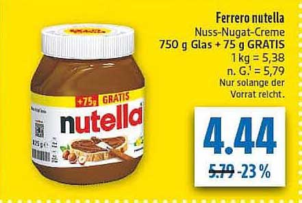 Ferrero nutella Nuss-Nugat-Creme 750 g Glas + 75 g GRATIS
