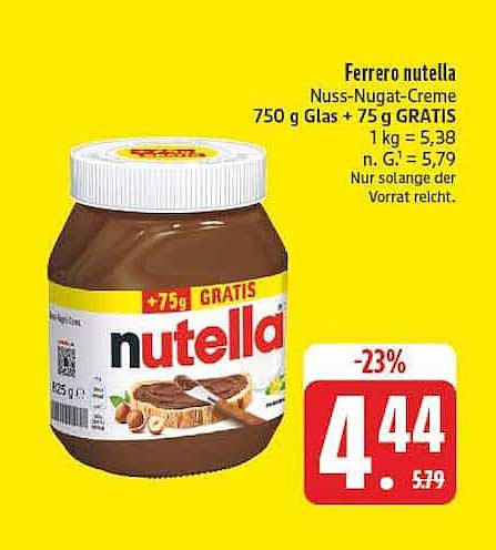 Ferrero nutella Nuss-Nugat-Creme 750 g Glas + 75 g GRATIS