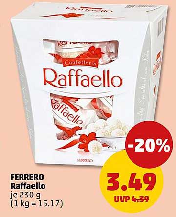 FERRERO Raffaello je 230 g (1 kg = 15.17)
