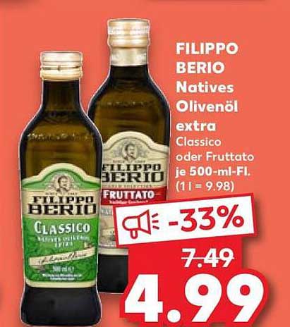 FILIPPO BERIO Natives Olivenöl extra Classico oder Fruttato je 500-ml-Fl. (1 l = 9.98)