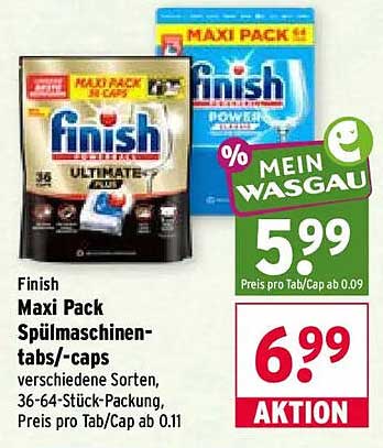 Finish Maxi Pack Spülmaschinentabs/-caps verschiedene Sorten, 36-64-Stück-Packung, Preis pro Tab/Cap ab 0.11