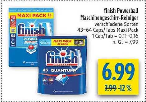 finish Powerball Maschinen­geschirr-Reiniger verschiedene Sorten 43–64 Caps/Tabs Maxi Pack 1 Cap/Tab = 0,11–0,16 n. G.: 7,99