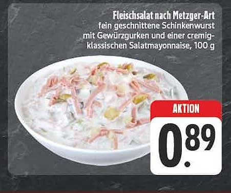 Fleischsalat nach Metzger-Art fein geschnittene Schinkenwurst mit Gewürzgurken und einer cremig-klassischen Salatmayonnaise, 100 g