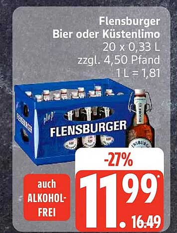 Flensburger Bier oder Küstenlimo 20 x 0,33 L zzgl. 4,50 Pfand 1 L = 1,81