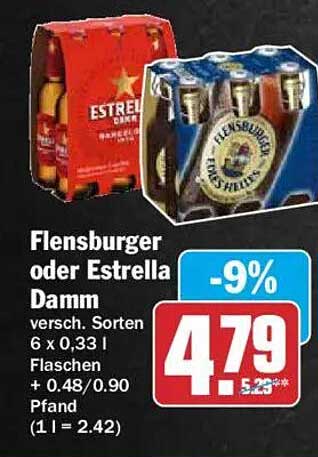 Flensburger oder Estrella Damm versch. Sorten 6 x 0,33 l Flaschen + 0.48/0.90 Pfand (1 l = 2.42)
