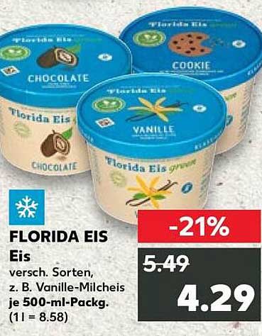 FLORIDA EIS Eis versch. Sorten, z. B. Vanille-Milcheis je 500-ml-Packg. (1 l = 8.58)