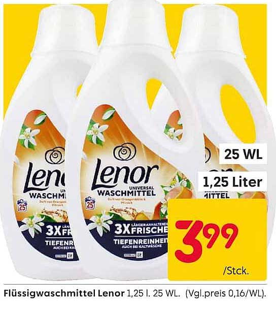 Flüssigwaschmittel Lenor 1,25 l. 25 WL. (Vgl.preis 0,16/WL).