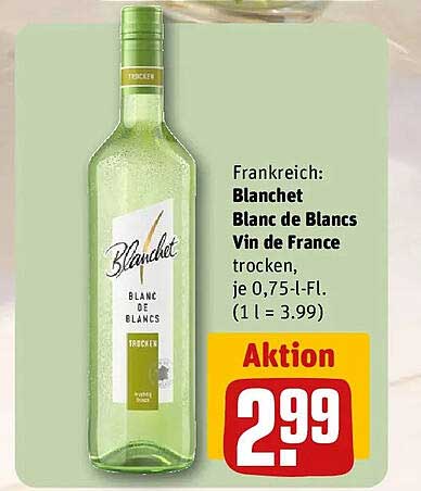 Frankreich: Blanchet Blanc de Blancs Vin de France trocken, je 0,75-l-Fl. (1 l = 3.99)