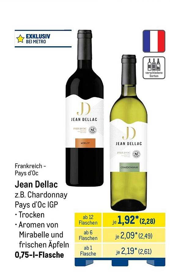 Frankreich - Pays d'Oc Jean Dellac z.B. Chardonnay Pays d’Oc IGP • Trocken • Aromen von Mirabelle und frischen Äpfeln 0,75-l-Flasche