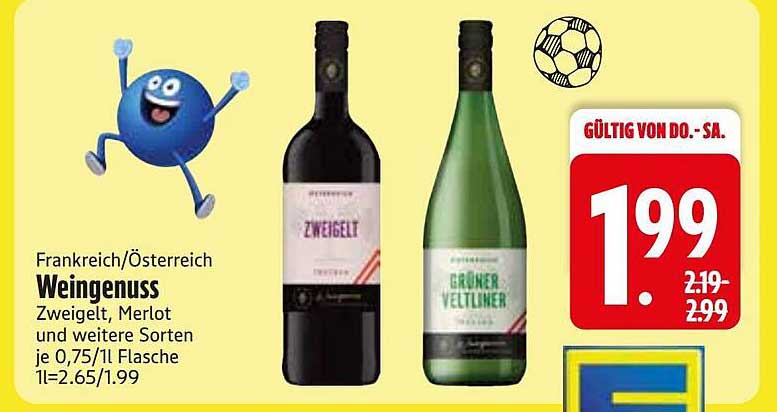 Frankreich/Österreich Weingenuss Zweigelt, Merlot und weitere Sorten je 0,75/l Flasche 1l=2,65/1,99