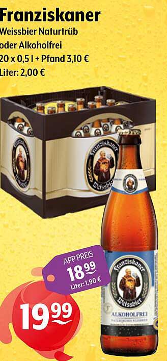 Franziskaner Weissbier Naturtrüb oder Alkoholfrei 20 x 0,5 l + Pfand 3,10 €