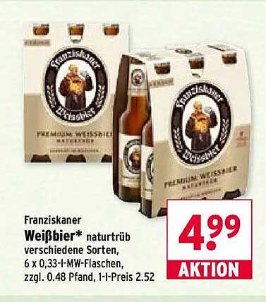 Franziskaner Weißbier* naturtrüb verschiedene Sorten, 6 x 0,33-l-MW-Flaschen, zzgl. 0.48 Pfand, 1-l-Preis 2.52