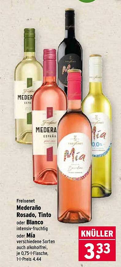Freixenet Mederaño Rosado, Tinto oder Blanco intensiv-fruchtig oder Mía verschiedene Sorten auch alkoholfrei, je 0,75-l-Flasche, 1-l-Preis 4.44