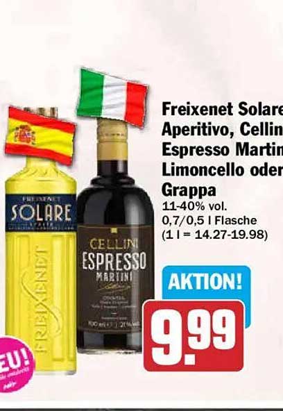 Freixenet Solare Aperitivo, Celli Espresso Martini, Limoncello oder Grappa