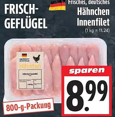 Frisch-Geflügel Frisches, deutsches Hähnchen Innenfilet (1 kg = 11.24) 800-g-Packung