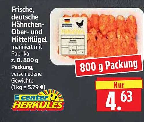 Frische, deutsche Hähnchen-Ober- und Mittelﬂügel mariniert mit Paprika, z. B. 800 g Packung, verschiedene Gewichte (1 kg = 5.79 €)