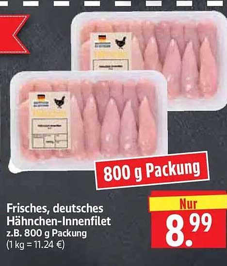 Frisches, deutsches Hähnchen-Innenfilet z.B. 800 g Packung (1 kg = 11.24 €)
