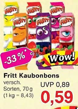 Fritt Kaubonbons versch. Sorten, 70 g (1 kg = 8,43)