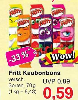 Fritt Kaubonbons verssch. Sorten, 70 g (1 kg = 8,43)