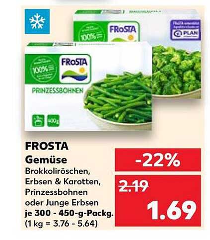 FROSTA Gemüse Brokkoliröschen, Erbsen & Karotten, Prinzessbohnen oder Junge Erbsen je 300 - 450-g-Packg.