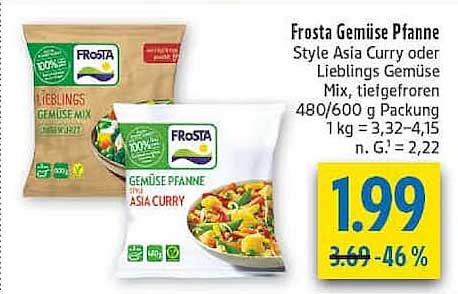 Frosta Gemüse Pfanne Style Asia Curry oder Lieblings Gemüse Mix, tiefgefroren, 480/600 g Packung, 1 kg = 3,32–4,15 n. G.: 2,22