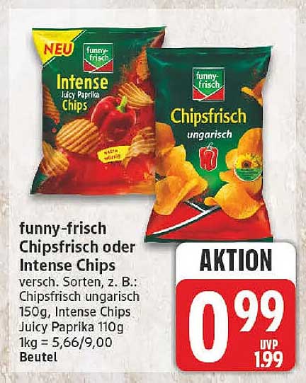 funny-frisch Chipsfrisch oder Intense Chips versch. Sorten, z. B.: Chipsfrisch ungarisch 150g, Intense Chips Juicy Paprika 110g 1kg = 5,66/9,00 Beutel