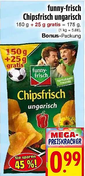 funny-frisch Chipsfrisch ungarisch 150 g + 25 g gratis = 175 g Bonus-Packung