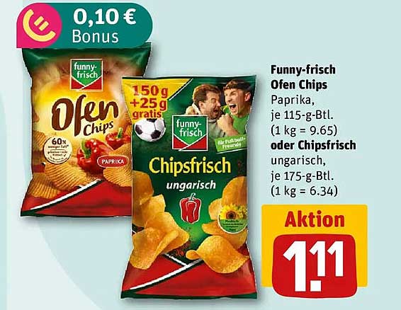 Funny-frisch Ofen Chips Paprika, je 115-g-Btl. (1 kg = 9.65) oder Chipsfrisch ungarisch, je 175-g-Btl. (1 kg = 6.34)