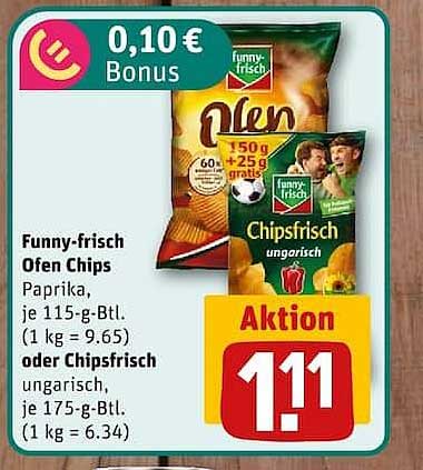 Funny-frisch Ofen Chips Paprika, je 115-g-Btl. (1 kg = 9.65) oder Chipsfrisch ungarisch, je 175-g-Btl. (1 kg = 6.34)