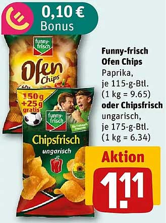 Funny-frisch Ofen Chips Paprika, je 115-g-Btl. (1 kg = 9.65) oder Chipsfrisch ungarisch, je 175-g-Btl. (1 kg = 6.34)