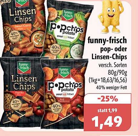 funny-frisch pop- oder Linsen-Chips versch. Sorten 80g/90g (1kg=18,63/16,56) 40% weniger Fett