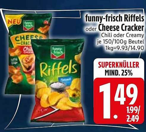 funny-frisch Riffels oder Cheese Cracker Chili oder Creamy je 150/100g Beutel 1kg=9.93/14.90