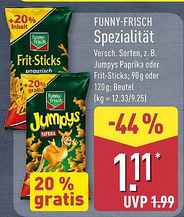 FUNNY-FRISCH Spezialität Verssch. Sorten, z. B. Jumpys Paprika oder Frit-Sticks, 90 g oder 120 g; Beutel (kg = 12.33/9.25)