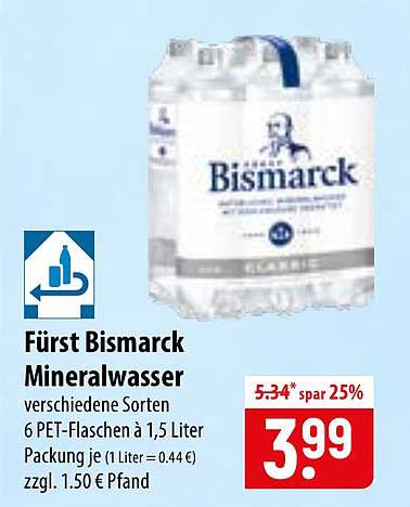 Fürst Bismarck Mineralwasser verschiedene Sorten 6 PET-Flaschen à 1,5 Liter
