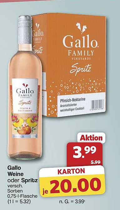 Gallo Weine oder Spritz versch. Sorten 0,75-L-Flasche (1 l = 5.32)