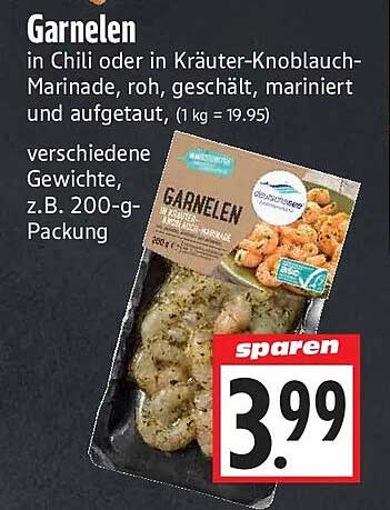 Garnelen in Chili oder in Kräuter-Knoblauch-Marinade, roh, geschält, mariniert und aufgetaut, (1 kg = 19.95)