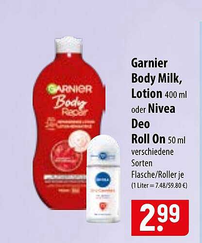 Garnier Body Milk, Lotion 400 ml oder Nivea Deo Roll On 50 ml verschiedene Sorten Flasche/Roller je