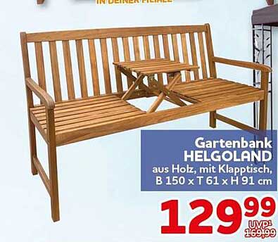 Gartenbank HELGOLAND aus Holz, mit Klapptisch, B 150 x T 61 x H 91 cm