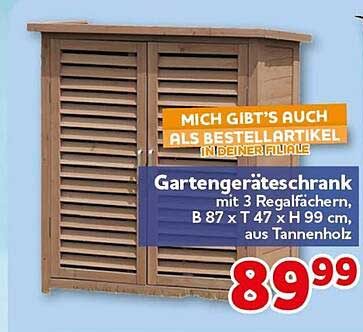 Gartengeräteschrank mit 3 Regalfächern, B 87 x T 47 x H 99 cm, aus Tannenholz